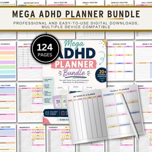 May include: A digital ADHD planner bundle featuring 124 pages and 20 plus planners and workbooks. The cover displays the text Mega ADHD Planner Bundle, with various page layouts including weekly schedules, daily routines, and yearly planners.