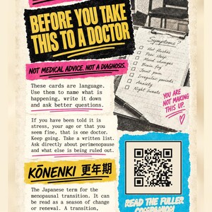 May include: A printed informational card with the text Fine. BEFORE YOU TAKE THIS TO A DOCTOR. NOT MEDICAL ADVICE. NOT A DIAGNOSIS. It lists symptoms like hot flushes and brain fog, includes a QR code, and explains the Japanese term KŌNENKI.