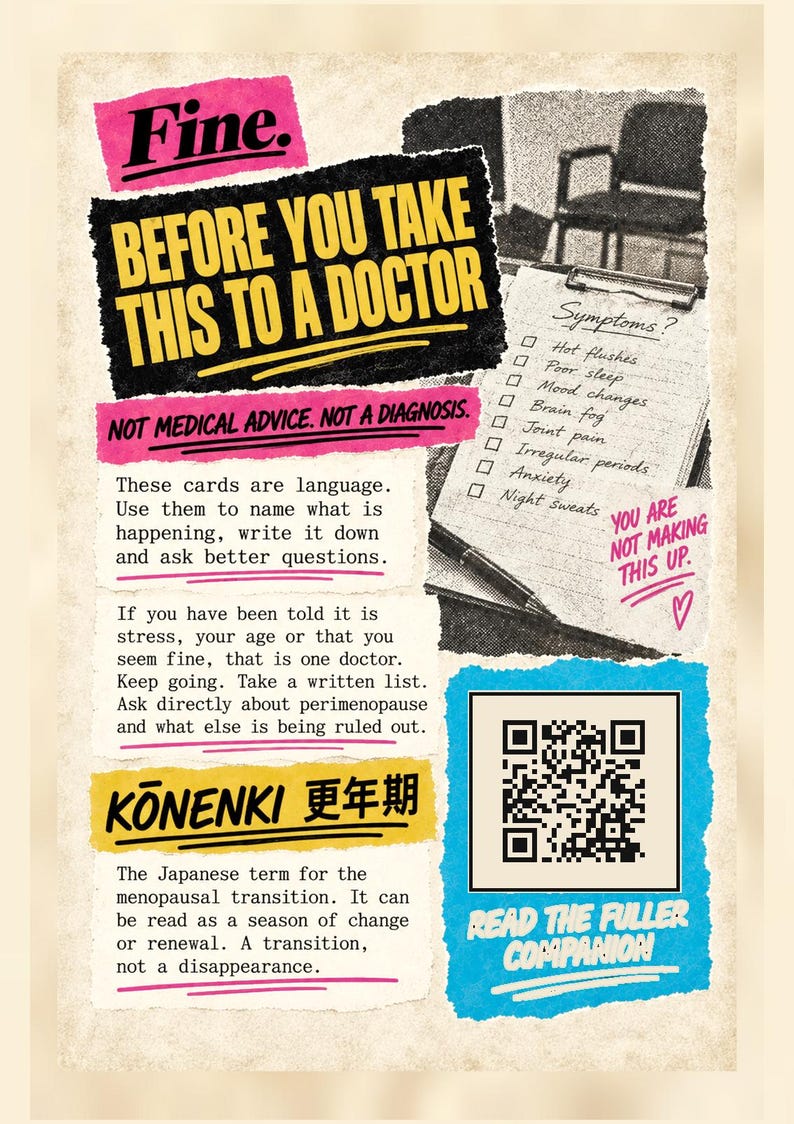 May include: A printed informational card with the text Fine. BEFORE YOU TAKE THIS TO A DOCTOR. NOT MEDICAL ADVICE. NOT A DIAGNOSIS. It lists symptoms like hot flushes and brain fog, includes a QR code, and explains the Japanese term KŌNENKI.