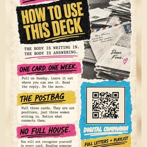 May include: An instructional card with a beige background featuring torn paper sections in pink, yellow, and blue. Text includes "Fine. How to use this deck," "One card. One week," "The postbag," and "No full house." A QR code and a stack of letters are visible.