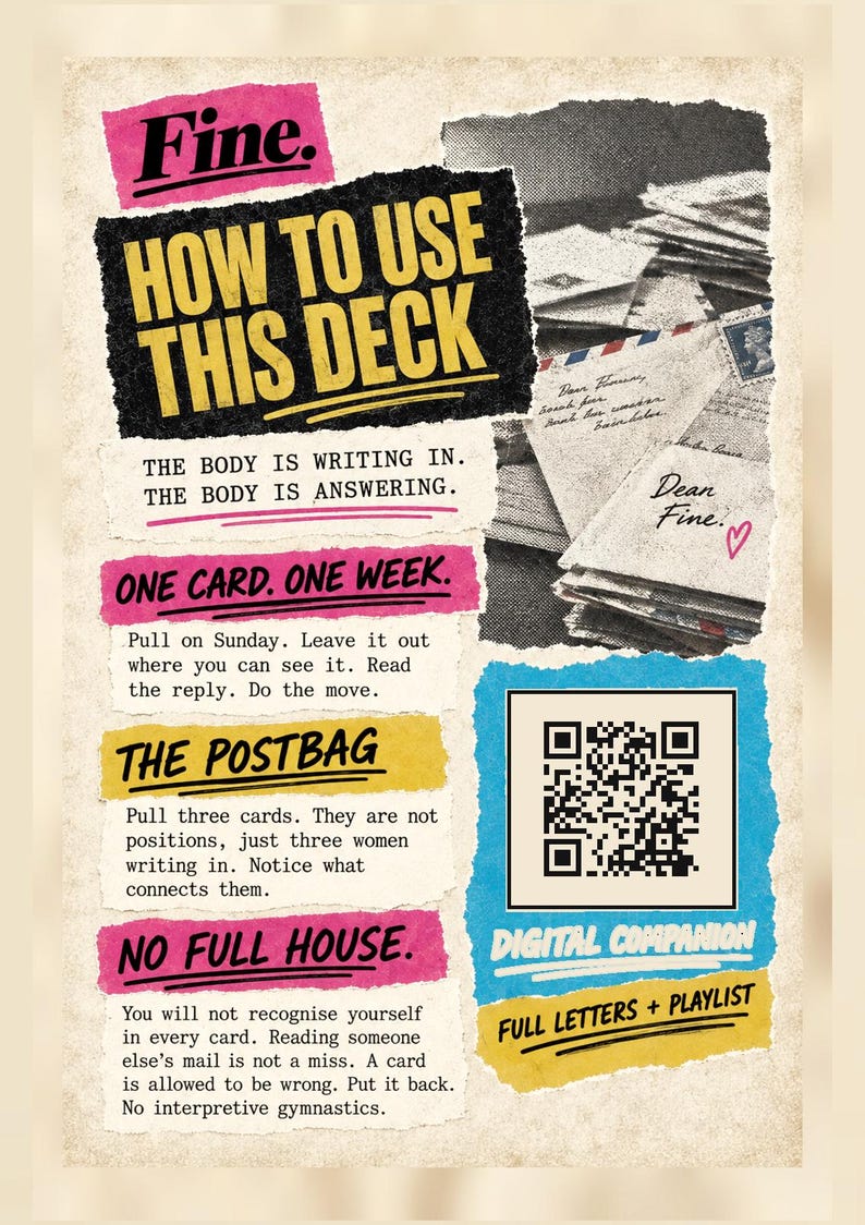 May include: An instructional card with a beige background featuring torn paper sections in pink, yellow, and blue. Text includes "Fine. How to use this deck," "One card. One week," "The postbag," and "No full house." A QR code and a stack of letters are visible.