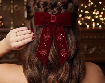 Samt Haarschleife mit Kristallen, Weihnachtsfeiertags-Haarspange, elegantes Geschenk für Sie, Winterhochzeits-Accessoire, rote Samtschleife für Weihnachten