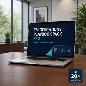 Könnte beinhalten: Ein silberner Laptop zeigt den Text FM OPERATIONS PLAYBOOK PACK PRO, Templates, Trackers, RFP Kit & AI Prompts auf einem dunklen Bildschirm mit Symbolen. Ein kleines quadratisches Abzeichen in der Ecke zeigt 20+ YEARS FM PROFESSIONAL mit einem Häkchen.