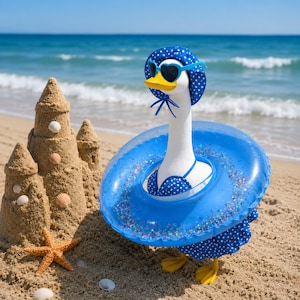 May include: A white goose figurine wearing a blue and white polka dot sun hat, heart-shaped sunglasses, and a blue bikini top, standing inside a blue inflatable swim ring filled with colorful glitter, next to a sandcastle and a starfish.