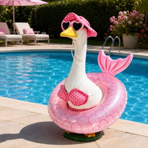 Puede incluir: Un flotador inflable de ganso blanco con un sombrero de sol rosa de lunares, gafas de sol en forma de corazón y un top de bikini rosa de lunares a juego. El ganso está posicionado dentro de un anillo inflable rosa con una aleta de sirena.