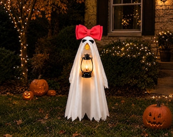 Disfraz de ganso fantasma para Halloween, 58 cm, blanco con lazo rosa, linterna LED.