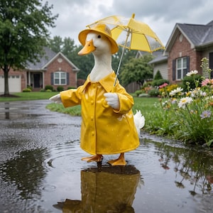 May include: A white duck standing in a puddle on a paved driveway, wearing a bright yellow raincoat and a matching yellow rain hat. The duck is holding a yellow and clear transparent umbrella with its wing, while rain falls in the background.