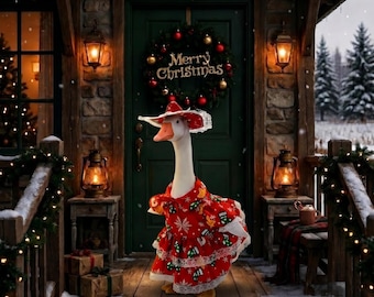 Holiday Porch Goose Dress for 23" Goose Statue, Red Bow Christmas Decor