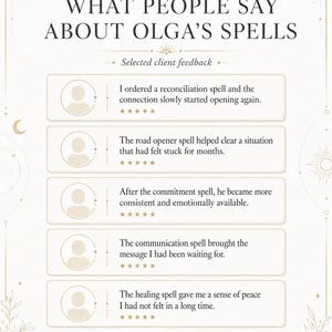 以下が含まれることがあります： WHAT PEOPLE SAY ABOUT OLGA'S SPELLSというタイトルの顧客レビュー画像。5つの5つ星評価のレビューが記載されています。各項目には一般的なユーザーアイコンと、復縁、道開き、コミットメント、コミュニケーション、ヒーリングの呪文に関する体験談が書かれています。