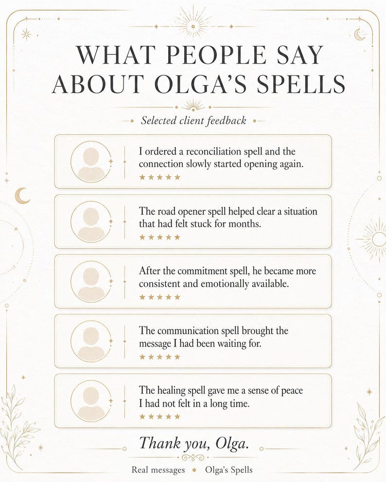 以下が含まれることがあります： WHAT PEOPLE SAY ABOUT OLGA'S SPELLSというタイトルの顧客レビュー画像。5つの5つ星評価のレビューが記載されています。各項目には一般的なユーザーアイコンと、復縁、道開き、コミットメント、コミュニケーション、ヒーリングの呪文に関する体験談が書かれています。