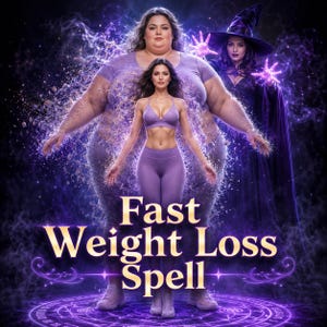 May include: A digital graphic featuring the text Fast Weight Loss Spell in gold lettering. The image displays a person in a purple sports bra and leggings standing in front of a larger version of themselves, with a witch in a black hat casting a spell.