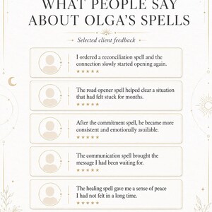 May include: A testimonial graphic titled WHAT PEOPLE SAY ABOUT OLGA'S SPELLS featuring five reviews with five-star ratings. Each entry includes a generic user icon and text describing experiences with reconciliation, road opener, commitment, communication, and healing spells.