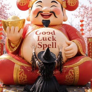 May include: A large inflatable red and gold figure of a smiling deity holding a gold ingot, with the text Good Luck Spell printed on its belly. A figure wearing a black witch hat and a black dress with lace sleeves reaches toward the belly.
