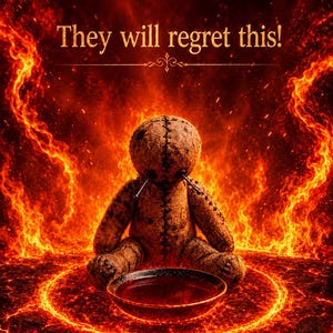 Puede incluir: Un muñeco vudú de arpillera marrón con costuras negras y dos alfileres en la cabeza sentado ante un pequeño cuenco de líquido rojo. El fondo muestra intensas llamas naranjas y amarillas con el texto "They will regret this!" en letras doradas.