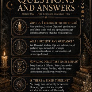 以下が含まれることがあります： Madame Olga, Fifth-Generation Bessarabian WitchによるQuestions and Answersと題された黒いインフォグラフィック。キャンドル、手のひら、砂時計、渦巻きのアイコンが描かれた4つのセクションで、儀式サービスと期待される結果について詳細に説明されています。