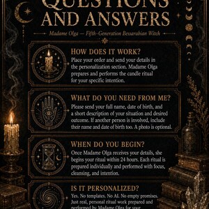 May include: A black informational graphic with gold text titled QUESTIONS AND ANSWERS by Madame Olga. It details ritual services, including how it works, requirements like name and birth date, timing, and personalisation, featuring candle and icon illustrations.
