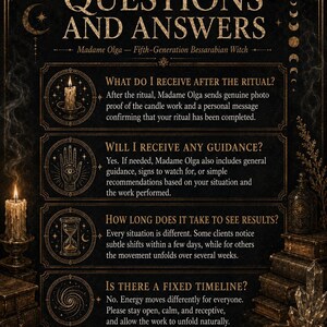 May include: A black informational graphic titled Questions and Answers by Madame Olga, Fifth-Generation Bessarabian Witch. It features four sections with icons of a candle, a palm, an hourglass, and a spiral, detailing ritual services and expectations.