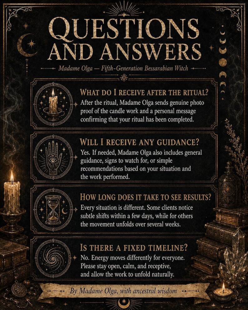May include: A black informational graphic titled Questions and Answers by Madame Olga, Fifth-Generation Bessarabian Witch. It features four sections with icons of a candle, a palm, an hourglass, and a spiral, detailing ritual services and expectations.