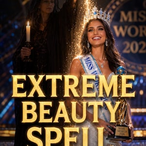Op de afbeelding: Een persoon in een witte jurk met een Miss World-sjerp en een blauw-zilveren kroon, die een gouden trofee vasthoudt met het opschrift Miss World 2026. Daarachter houdt een figuur in een donker gewaad een brandende kaars vast, gouden vonken.