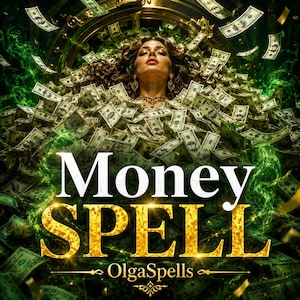 Puede incluir: Una ilustración digital que muestra a una persona con cabello largo y ondulado rodeada por un gran montón de billetes de dólar estadounidense. El texto Money SPELL aparece en letras grandes blancas y doradas, con la marca OlgaSpells debajo.