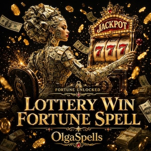 Könnte beinhalten: Eine digitale Illustration einer Figur, die mit US-Dollar-Scheinen bekleidet ist und an einem goldenen Spielautomaten mit 777-Jackpot sitzt. Der Text lautet FORTUNE UNLOCKED, LOTTERY WIN FORTUNE SPELL und OlgaSpells, umgeben von Goldmünzen.