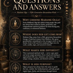以下が含まれることがあります： Questions and Answersと題された黒と金の情報ポスター。5世代目のベッサラビアの魔女、マダム・オルガを紹介しています。テキストには彼女の精神的な背景、家系、方法論、目的が記されており、神秘的なアイコンが添えられています。