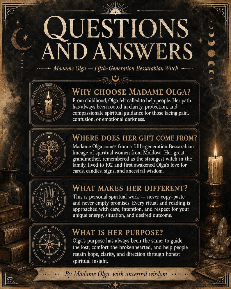 以下が含まれることがあります： Questions and Answersと題された黒と金の情報ポスター。5世代目のベッサラビアの魔女、マダム・オルガを紹介しています。テキストには彼女の精神的な背景、家系、方法論、目的が記されており、神秘的なアイコンが添えられています。