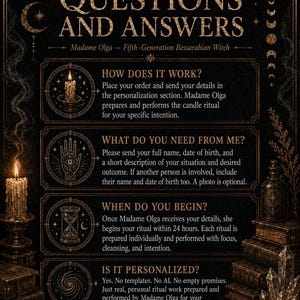 以下が含まれることがあります： Madame Olgaによる「QUESTIONS AND ANSWERS」と題された金色の文字の黒い情報グラフィック。儀式サービスの詳細、仕組み、名前や生年月日などの要件、タイミング、パーソナライズについて説明しており、キャンドルやアイコンのイラストが添えられています。