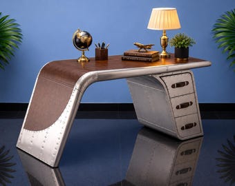 Handmade Aviator Aluminum Desk with Leather Top, Industrial Aircraft Wing Office Desk, Vintage Pilot Furniture, Executive Table