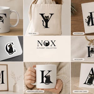 May include: A collection of items featuring a black cat illustration integrated with various letters of the alphabet, including a white mug, a canvas tote bag, a notebook, a vinyl sticker, a keychain, wall art, and a greeting card.