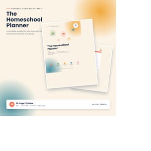 以下が含まれることがあります： 「The Homeschool Planner」と題された印刷可能な学習プランナー。クリーム色の表紙に、オレンジ、ティール、イエローの柔らかなグラデーションの円が描かれています。ドキュメントにはアイコン、テキスト、36ページの印刷可能ラベルが含まれています。