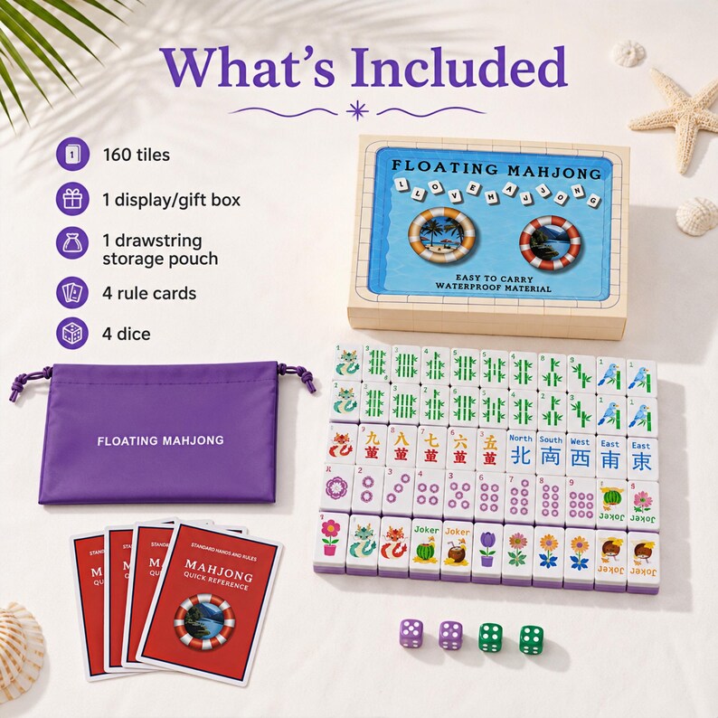 K&ouml;nnte beinhalten: Ein schwimmendes Mahjong-Spielset mit 160 wei&szlig;en Spielsteinen mit bunten Grafiken, einer h&ouml;lzernen Aufbewahrungsbox, einem violetten Kordelzugbeutel mit der Aufschrift Floating Mahjong, vier roten Regelkarten und vier violetten und gr&uuml;nen W&uuml;rfeln.
