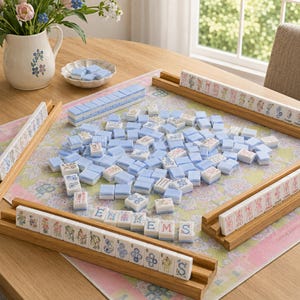 Może przedstawiać: Zestaw do gry w Mahjong z jasnoniebieskimi i białymi płytkami z motywami kwiatowymi i literami, ułożony na macie w kwiatowy wzór z drewnianymi stojakami. Niektóre płytki są ułożone w stos na środku, a inne ustawione na czterech stojakach.