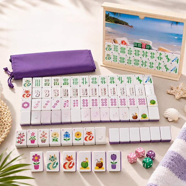 K&ouml;nnte beinhalten: Ein Mahjong-Spiel mit wei&szlig;en Spielsteinen, die bunte Illustrationen von Blumen, Drachen und tropischen Fr&uuml;chten zeigen. Das Set enth&auml;lt einen violetten Stoffbeutel, einen h&ouml;lzernen Spielsteinst&auml;nder mit Strandmotiv und mehrere kleine bunte W&uuml;rfel.