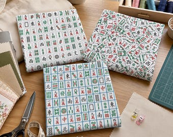 57 Inch Breiter Mahjong Tiles Poly-Cotton Stoff - Halber Meter zum Quilten & Basteln