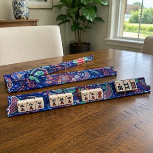Colorful Boho Mahjong Racks & Pushers | Non-Slip Tile Holders for 4 Players | Game Night Gift