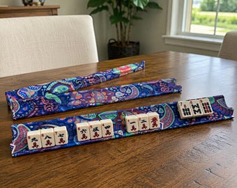 Colorful Boho Mahjong Racks & Pushers | Non-Slip Tile Holders for 4 Players | Game Night Gift
