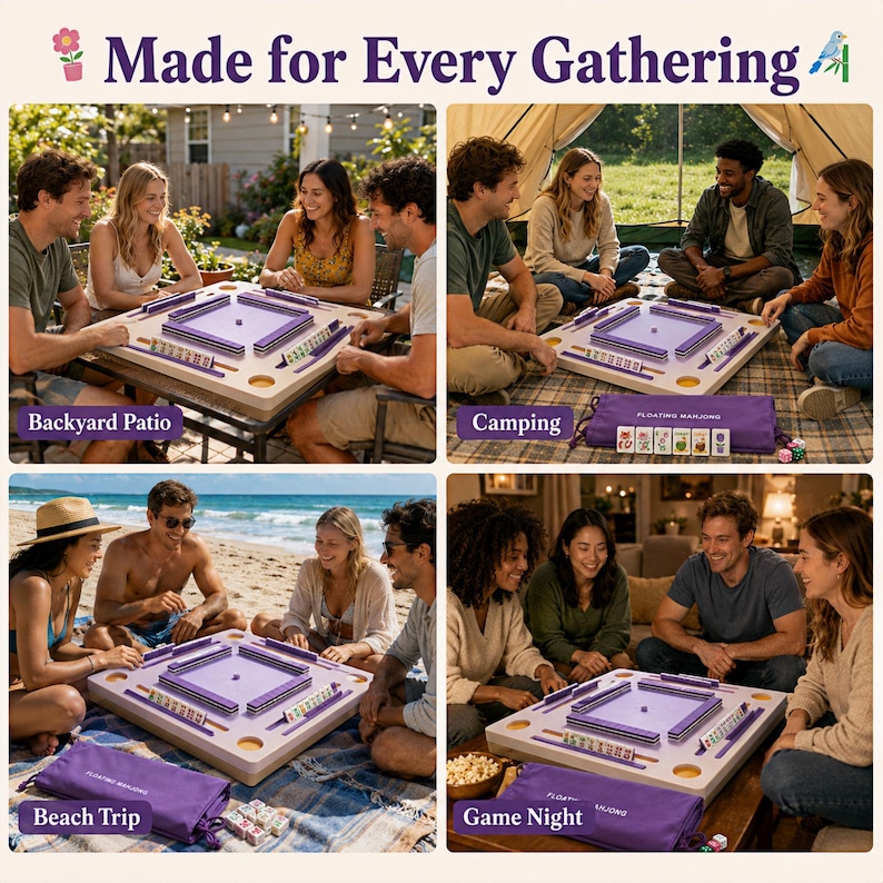 K&ouml;nnte beinhalten: Ein quadratischer, heller Mahjong-Spieltisch mit violetter Spielfl&auml;che und passenden violetten Spielsteinen. Das Set enth&auml;lt eine violette Aufbewahrungstasche mit dem Aufdruck 'FLOATING MAHJONG', dargestellt in vier verschiedenen Umgebungen.