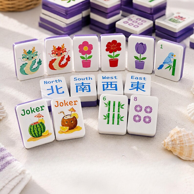 K&ouml;nnte beinhalten: Ein Set wei&szlig;er Mahjong-Spielsteine mit violetten R&uuml;ckseiten, verziert mit bunten Illustrationen von Drachen, Blumen, V&ouml;geln, Bambus und Fr&uuml;chten. Einige Steine zeigen die Aufschriften North, South, West, East oder Joker neben Grafiken von Wassermelone und Kokosnuss.