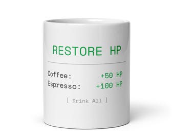 Taza de café espresso Restore HP · Regalo divertido para gamers · Taza de café para gamers de juegos de rol · Taza para gamers