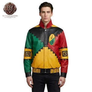 Men's Vintage Lambskin Leather Jacket - Retro Colorblock Bomber, Custom Hip Hop Style Coat, Geometric Pattern Streetwear, Unique Outerwear