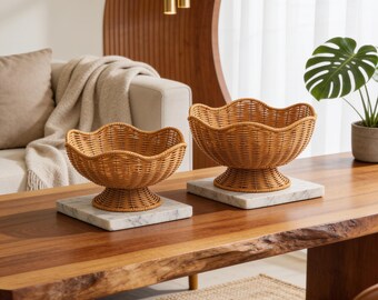 Handwoven Rattan Fruit Basket with Pedestal | Farmhouse Kitchen Counter Decor