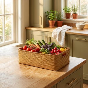 May include: A rectangular woven seagrass storage basket filled with fresh produce including red tomatoes on the vine, orange carrots, green zucchini, purple basil, red radishes, and yellow bell peppers, featuring integrated side handles.