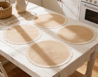 Round Fringe Placemats Set of 4, Farmhouse Coastal Boho Dining Table Decor