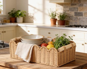 Scalloped Woven Basket | Decorative Rattan Storage for Kitchen & Bathroom