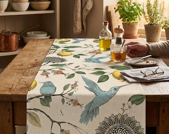 Blue Bird Lemon Table Runner, Botanical Farmhouse Dining Decor