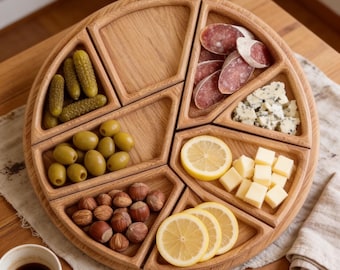 Round Wooden Serving Platter, Divided Snack Tray, Geometric Appetizer Board