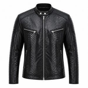 Men's Black Python Embossed Leather Biker Jacket | Real Leather Moto Jacket | Snakeskin Texture Racer Jacket | Gift for Him