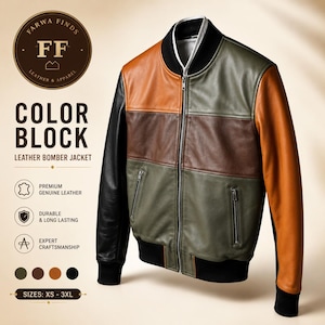 Men's Color Block Leather Bomber Jacket | Handmade Genuine Leather Jacket | Vintage Patchwork Jacket | Casual Winter Gift for Men