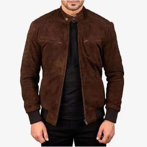 Men's Brown Suede Leather Bomber Jacket, Genuine Leather Moto Racer Jacket, Quilted Elbow Patch Biker Jacket, Handmade Gift for Him
